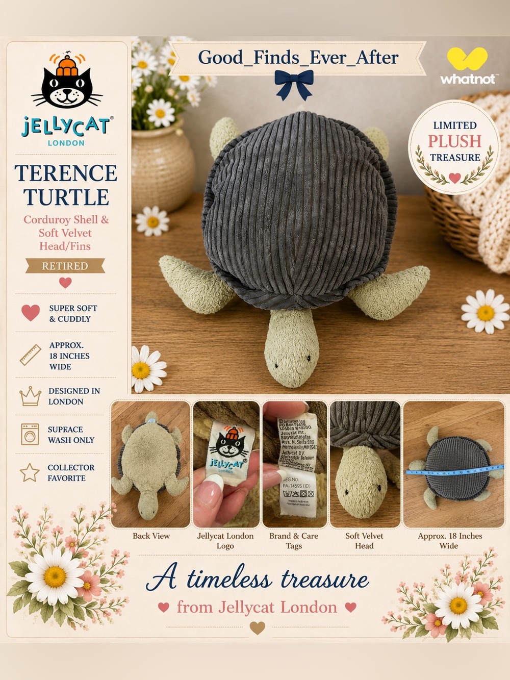 Jellycat London Terence Turtle corduroy shell & soft velvet head /fins , Retired